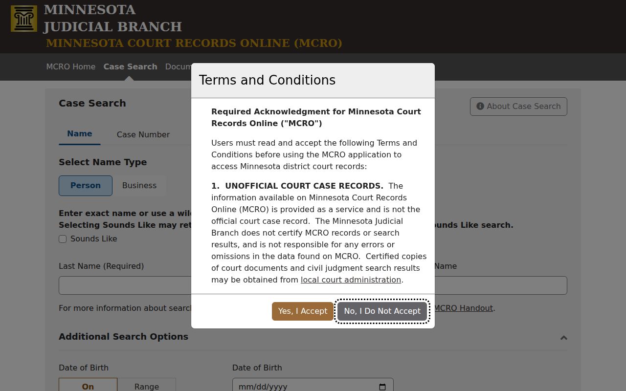 Clearwater County case lookup using MCRO case-search tabs and county controls