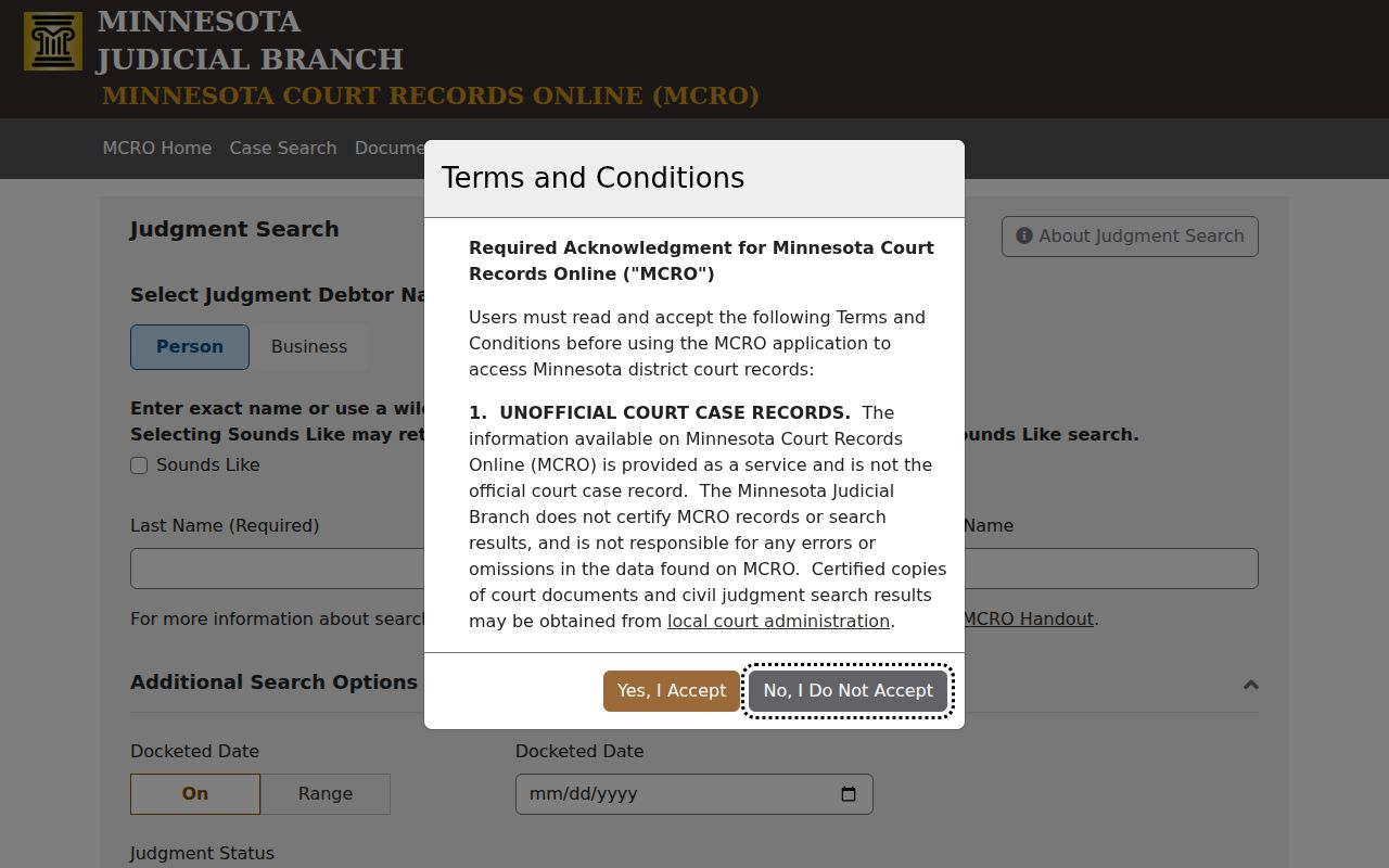 Clearwater County case lookup through the MCRO judgment-search controls