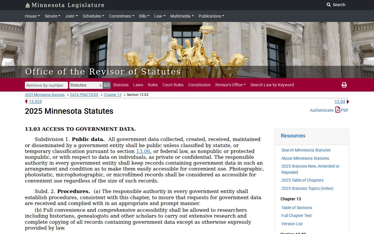 Clearwater County civil docket image showing Minnesota public-data inspection and copying statute section 13.03