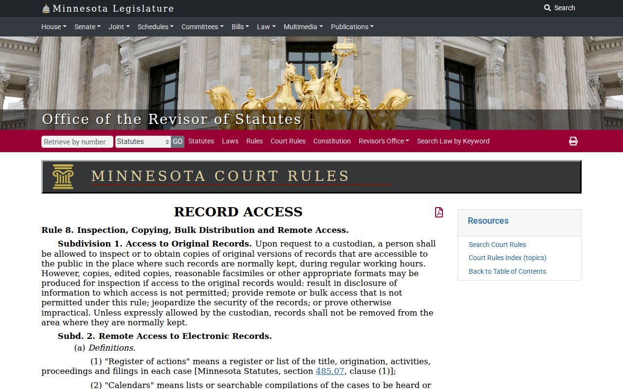Clearwater County civil docket image showing Minnesota Rule 8 public and remote access headings