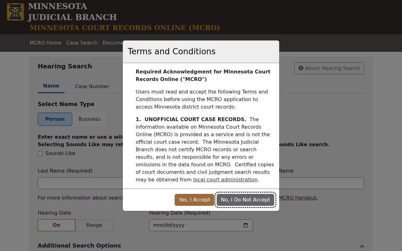 Clearwater County court date image showing MCRO Hearing Search date category and county controls