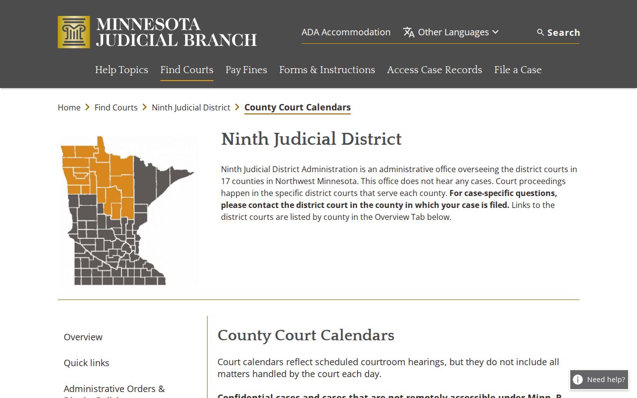 Clearwater County court calendar image showing the Ninth Judicial District county calendar directory