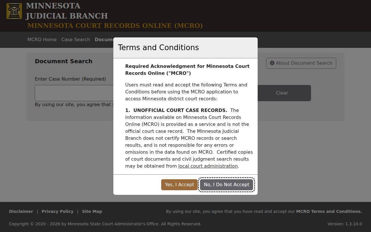 Clearwater County court record search in MCRO Document Search with complete case number
