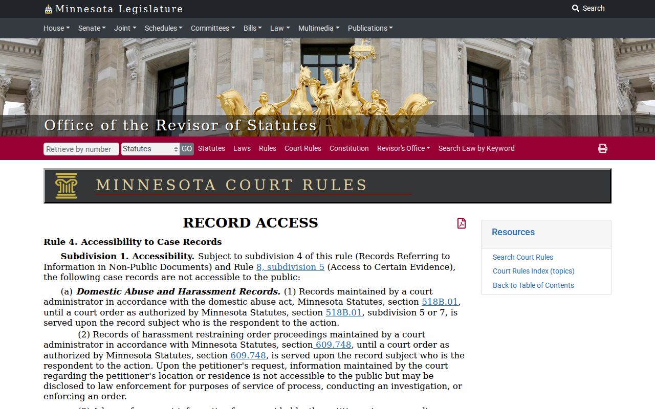 Clearwater County criminal docket access image showing Minnesota Rule 4 restriction headings