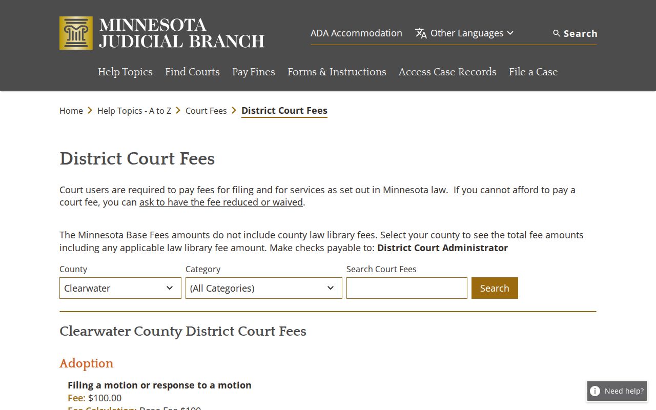 Clearwater County court docket fee search information