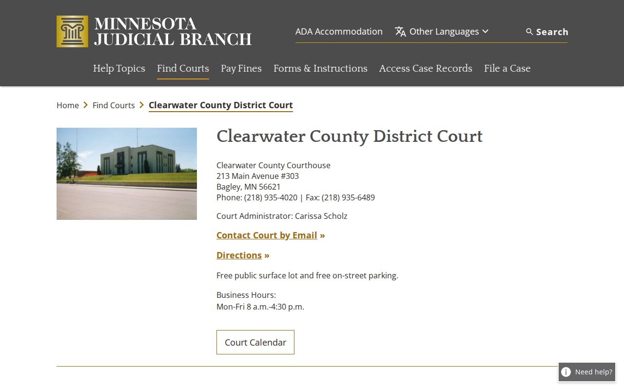 Clearwater County court docket District Court contact page