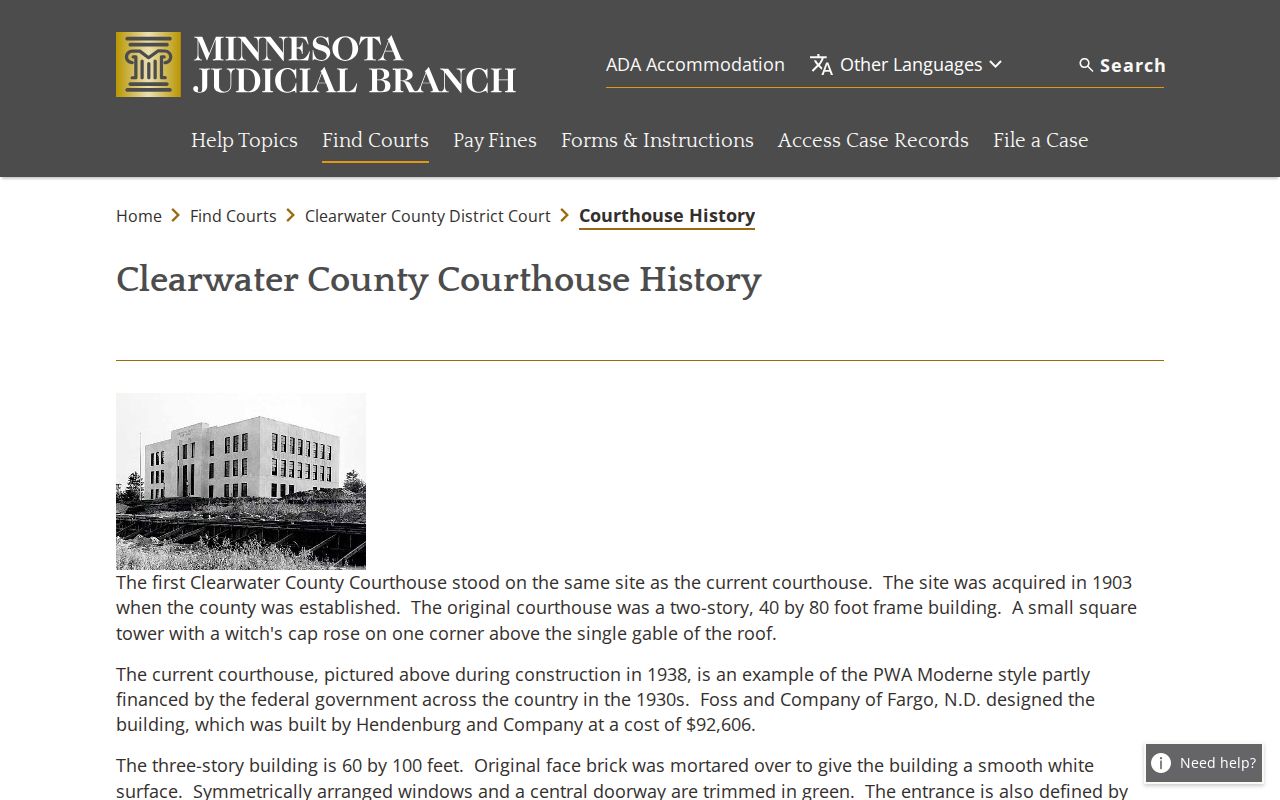 Clearwater County court docket courthouse history in Bagley